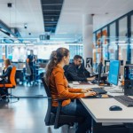 A woman in an orange shirt sits at a desk in an open office setting, typing on a computer keyboard. Other people are working in the background.
